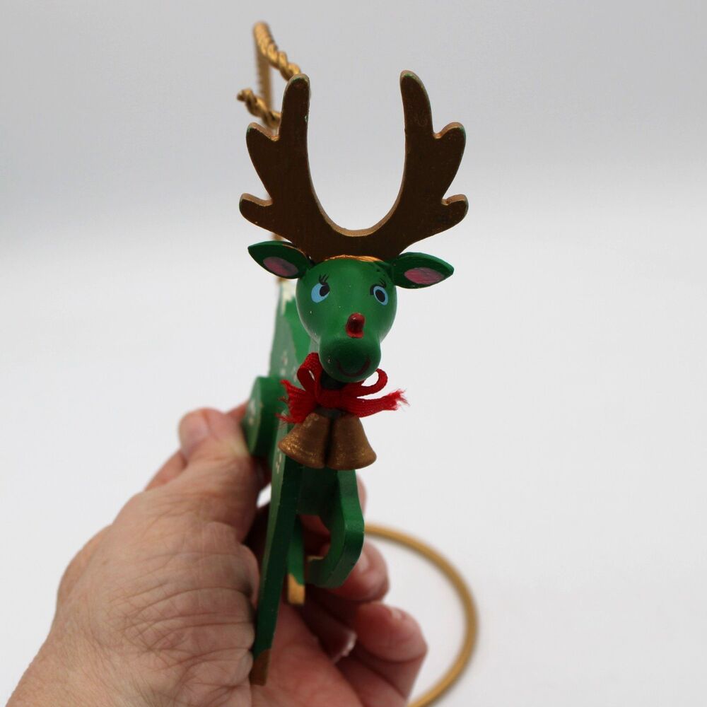 Vintage Green Red Nose reindeer wooden Christmas ornament Flowers Green - Picture 2 of 5